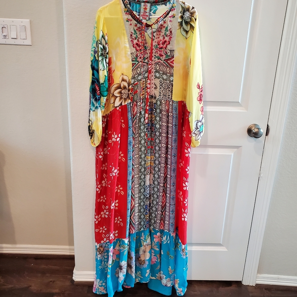 Johnny Was multi print silk dress  Size M